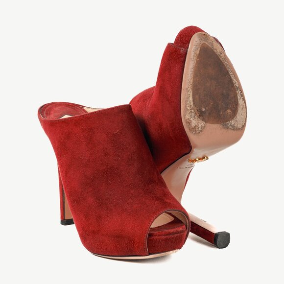 Prada Burgundy Suede Peep Toe Stiletto Heel Slide Mule Platform Pump - Picture 4 of 9